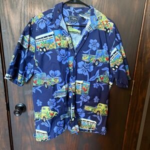 Roper Mens Blue Vintage Truck Cattle Trailer Hibiscus Floral Cotton Shirt Size M